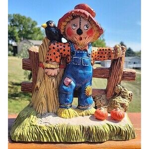 VTG  Ceramic Scarecrow Figure Duncan Enterprises 1980 Black Crow Pumpkins Fall
